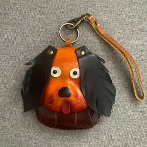 Leather Dog Coin Purse with Keychain - Orange and Black
